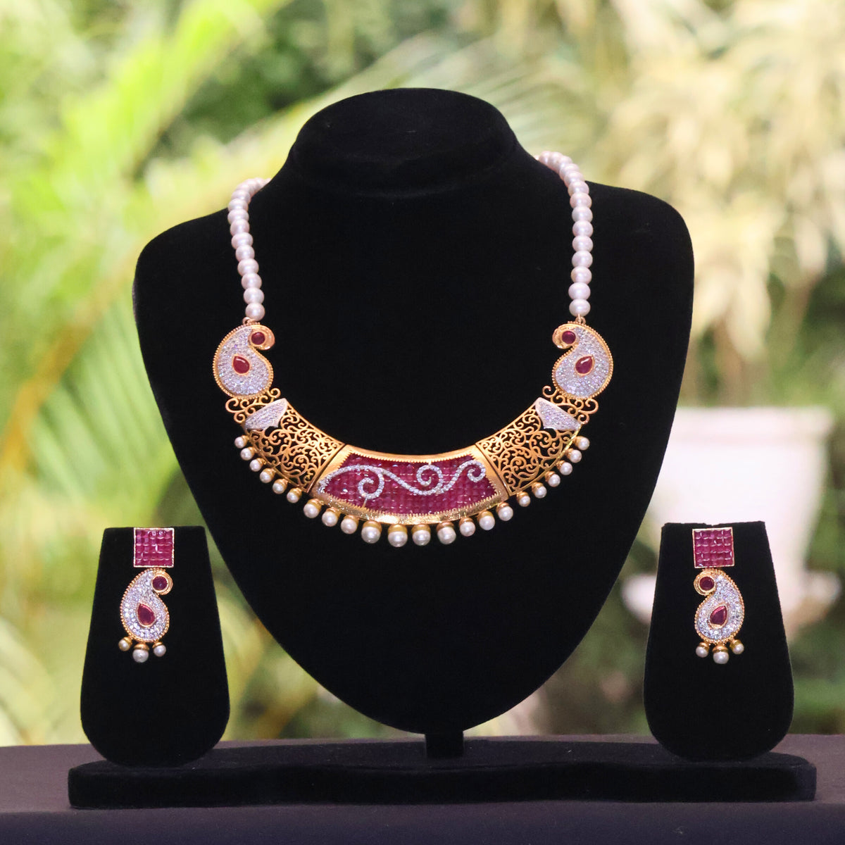 Imperial Ruby Pearl Necklace Set